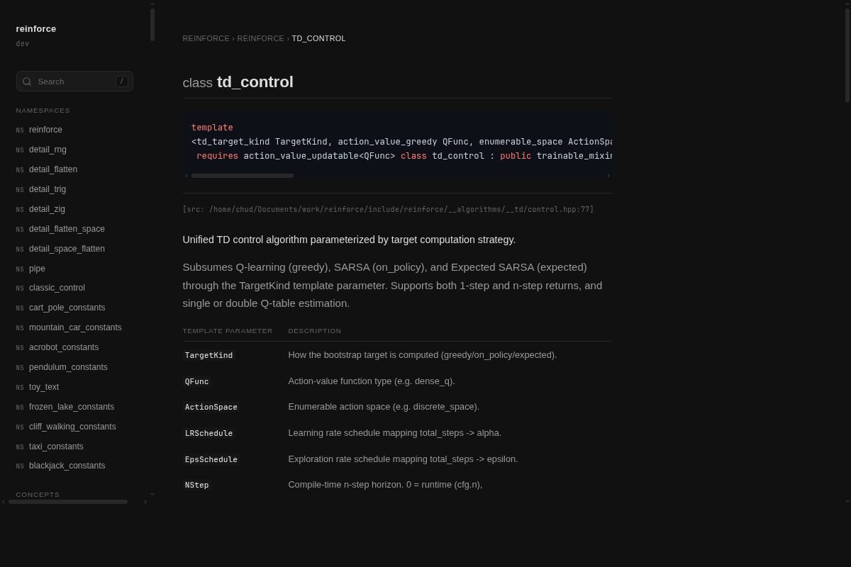 reinforce API reference: td_control class detail