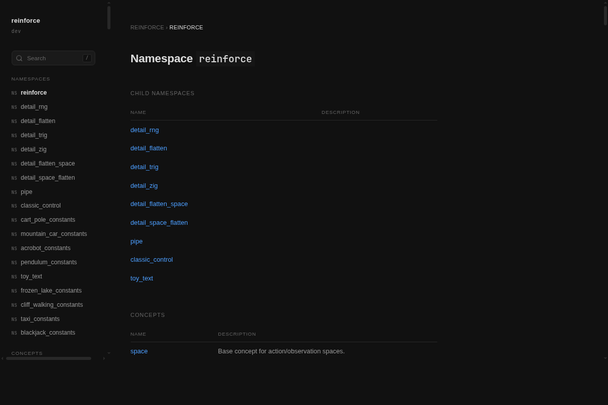 reinforce API reference: namespace overview